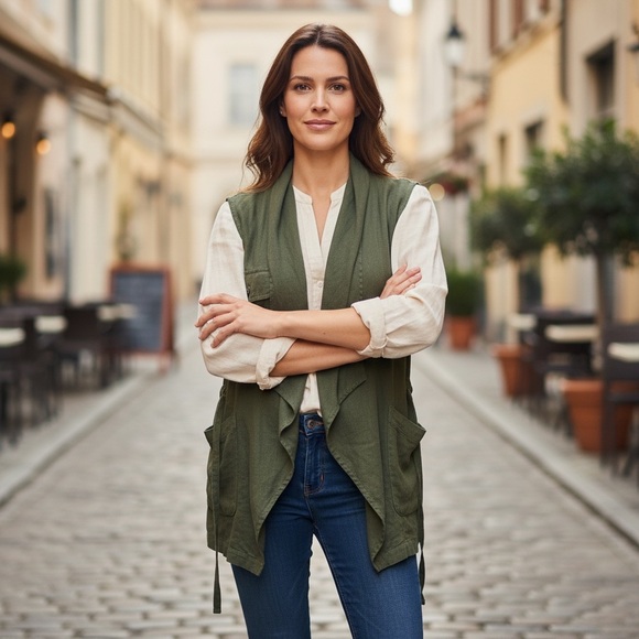 Sanctuary Forest Green Drape-Front Linen Vest - Picture 2 of 5